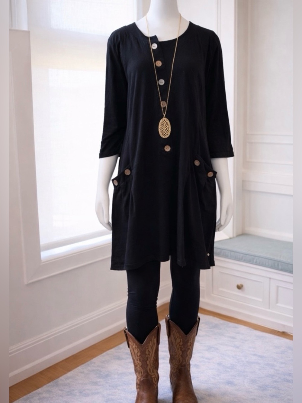 Neon Buddha Black Tunic Dress XL | Pocket Tunic Top | Button Accent | Canadian